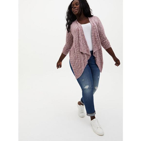 Torrid Space Dye Cardigan Drape Front Sweater in Oatmeal and Purple - Picture 9 of 9